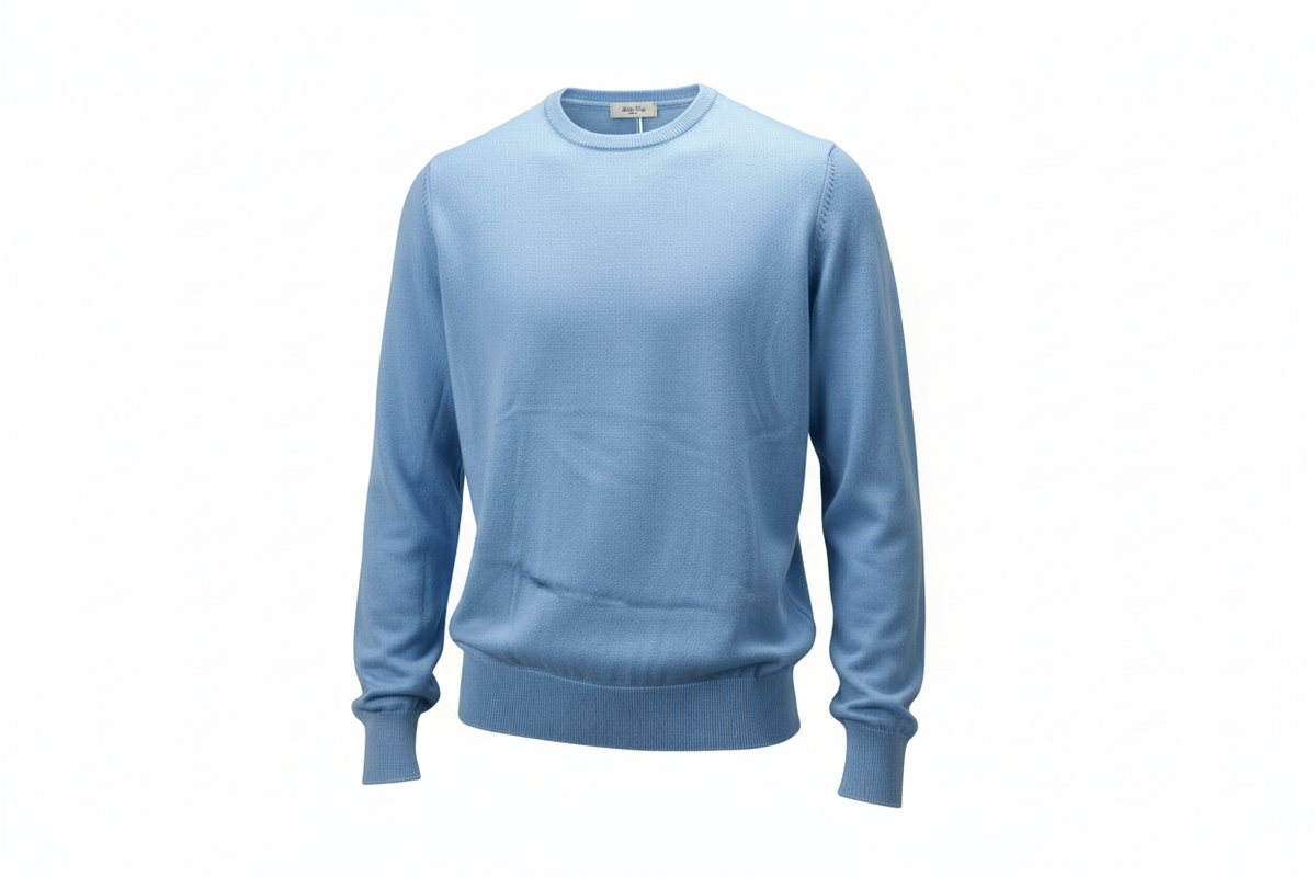 Maglia uomo Fedeli girocollo azzurro, abbigliamento moda uomo, dettaglio fronte e tessuto morbido.