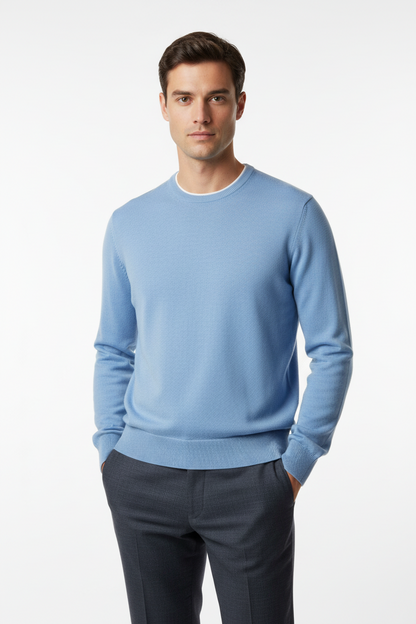 Maglia uomo Fedeli girocollo in tessuto azzurro, abbigliamento moda uomo, dettaglio del design e vestibilità.
