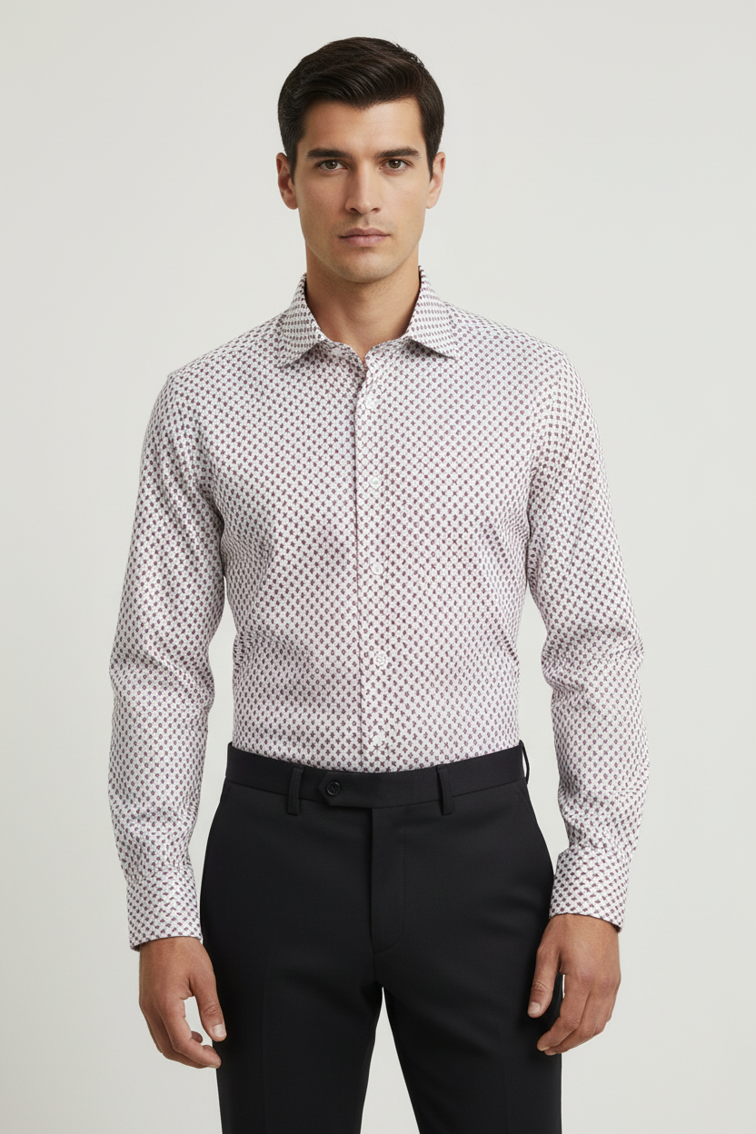 Foto modello camicia Bagutta bianca con fantasia rossa