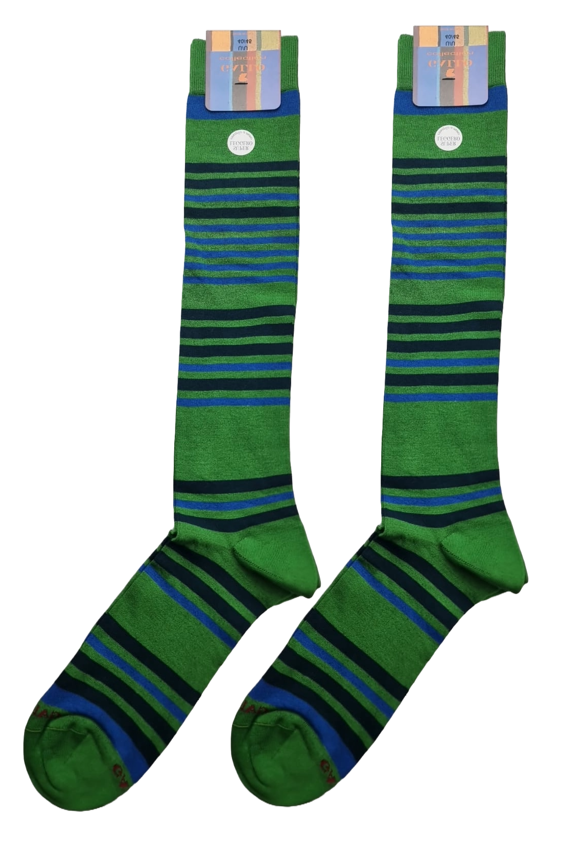 Calze lunghe uomo Gallo con righe multicolore verde, tessuto morbido, ideali per uno stile casual e confortevole.