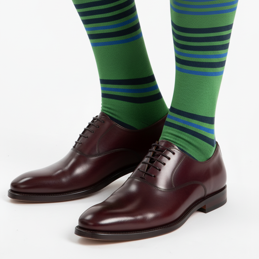 Calze lunghe uomo Gallo multicolore con righe verdi, calze e calzini uomo, design vivace e colorato.