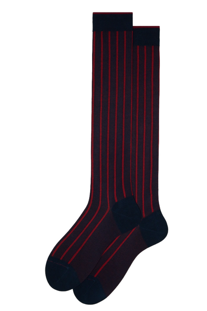 Calze lunghe uomo Gallo, righe Oltremare e Papavero, cotone 100%, eleganti, blu notte, moda uomo, calzini e calze.