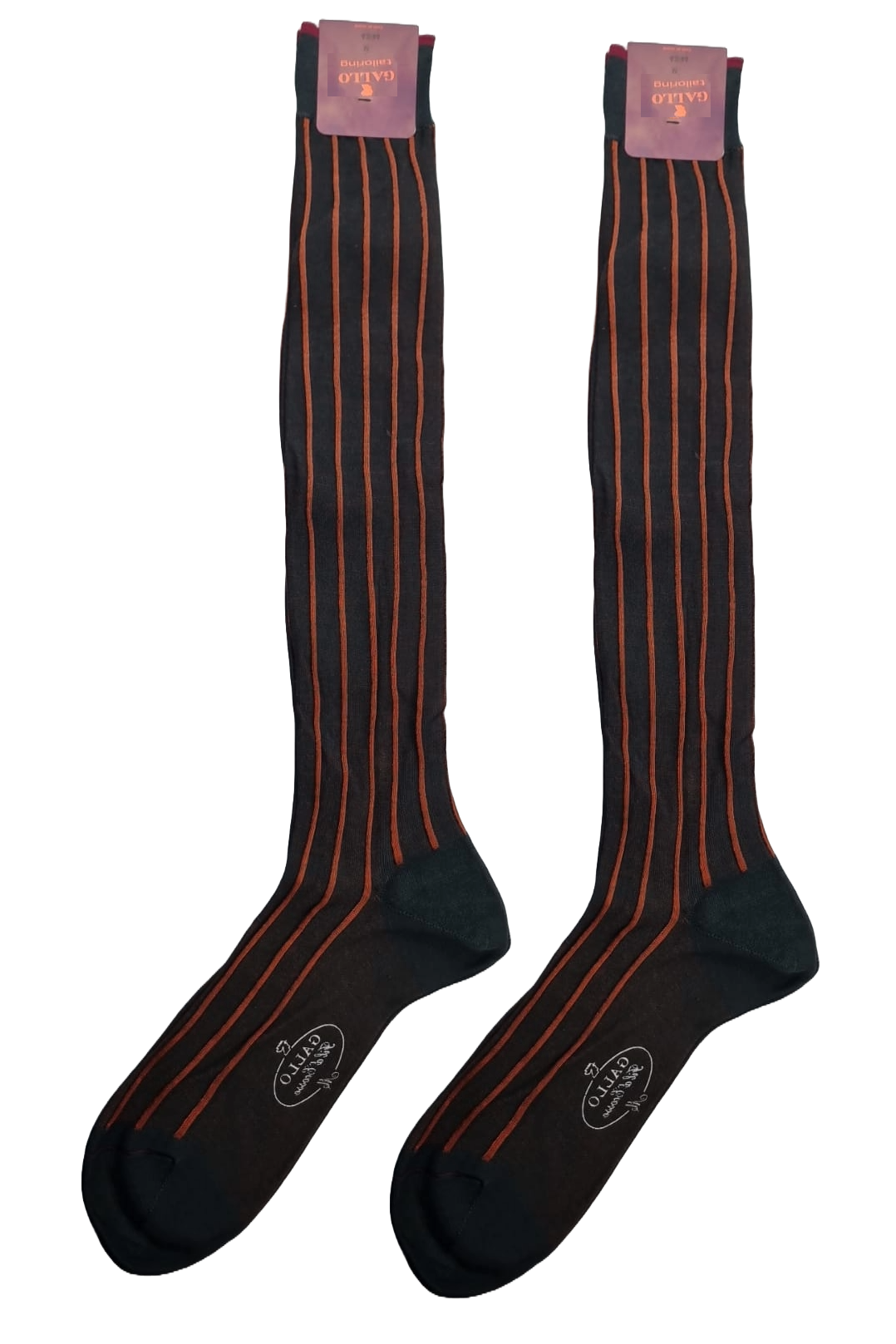 Calze lunghe uomo Gallo con fantasia a righe in Antracite e Rame, tessuto a doppio costine spaziata, moda uomo.