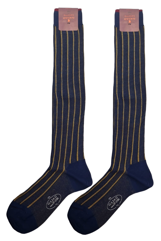 Calze lunghe uomo Gallo fantasia righe oro e blu, tessuto a coste twin rib, dettaglio visibile in tessuto e colore.