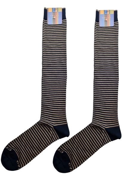 Calze lunghe da uomo Gallo con righe bicolore blu e beige, in morbido tessuto, ideali per un look elegante e casual.