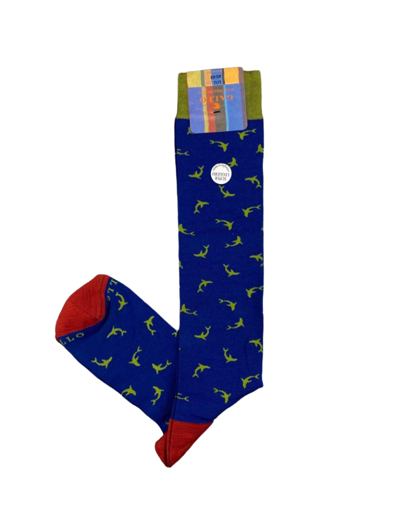 Calze lunghe uomo Gallo fantasia delfini blu, verde e rosso, con dettagli colorati, in tessuto morbido e confortevole.