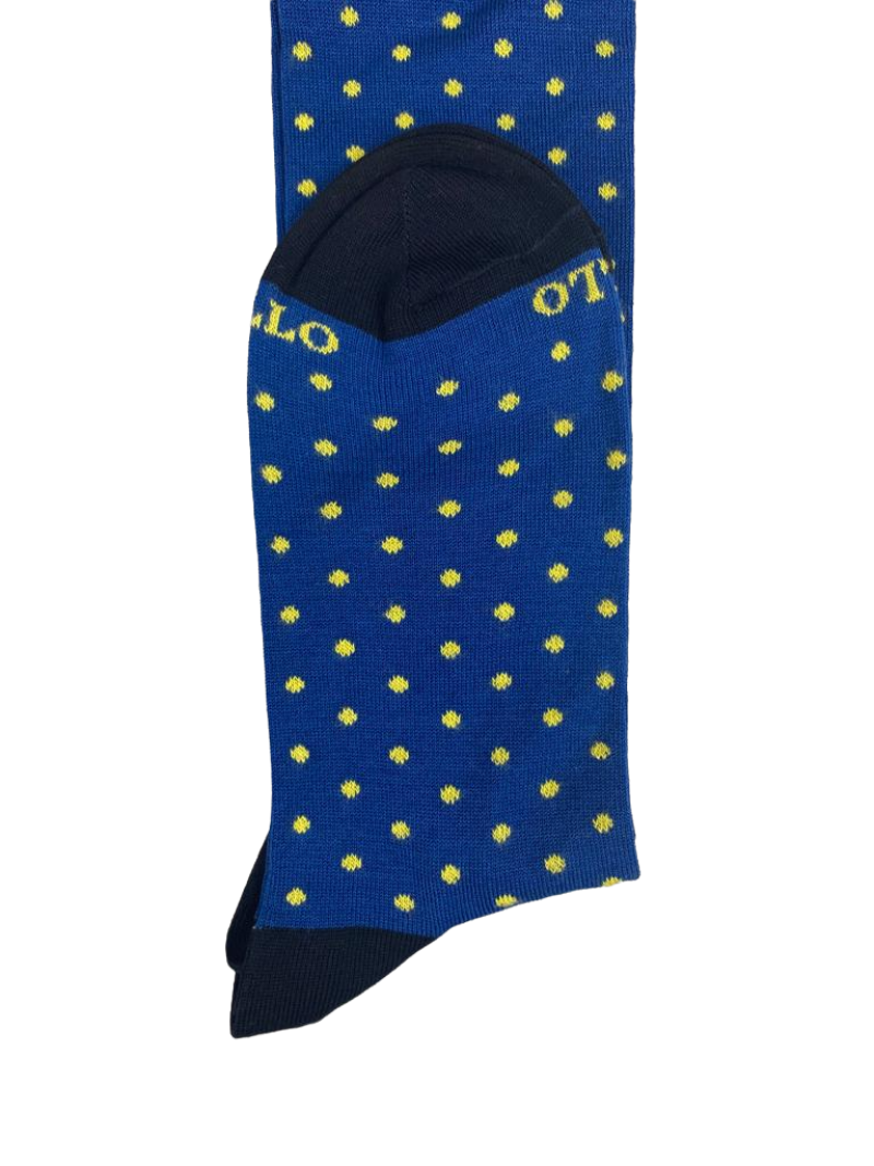 Calze lunghe da uomo Gallo con fantasia pois in blu, nero e giallo, ideali per abbigliamento moda uomo.
