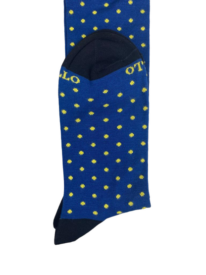 Calze lunghe da uomo Gallo con fantasia pois in blu, nero e giallo, ideali per abbigliamento moda uomo.