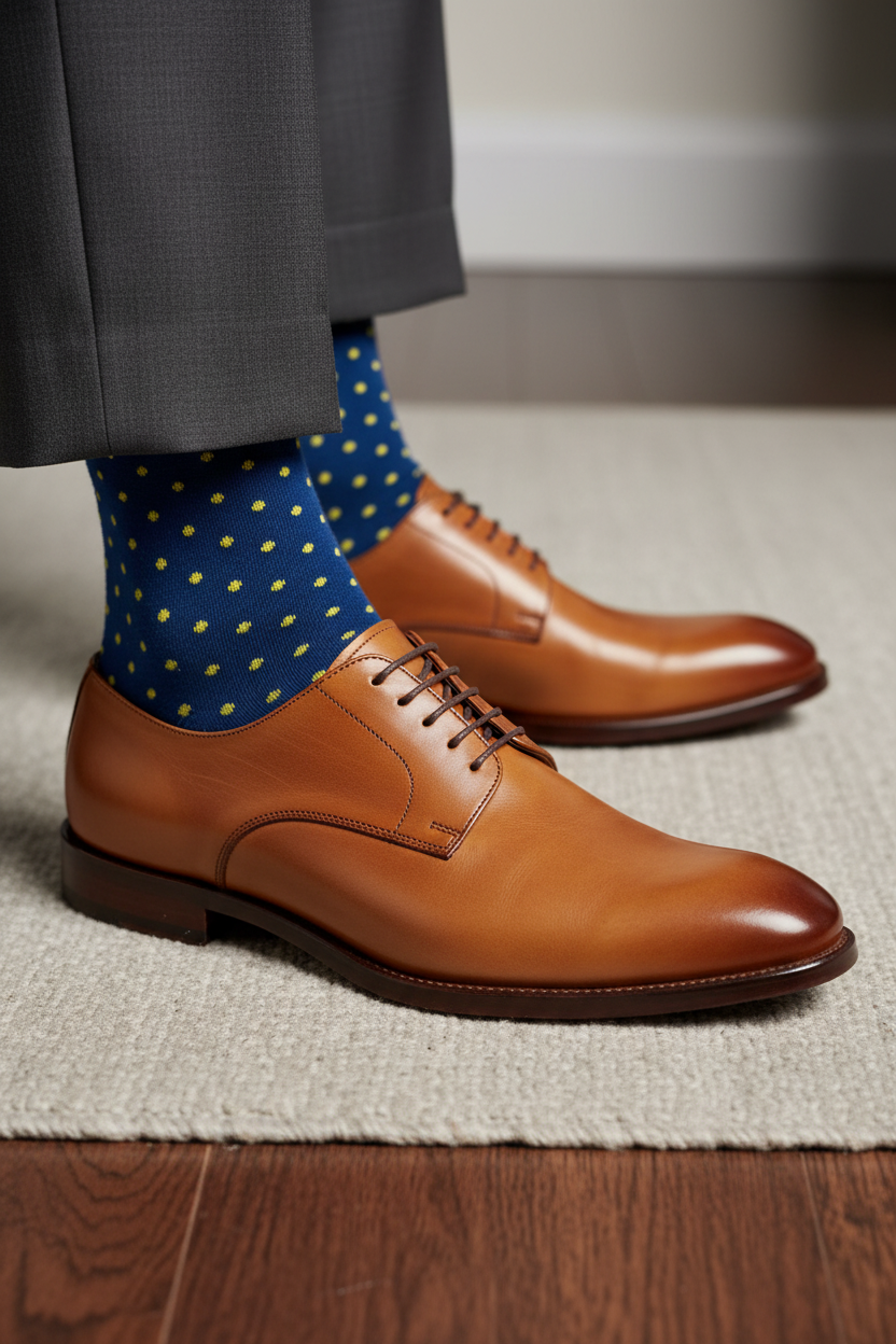 Calze lunghe uomo Gallo con fantasia a pois, blu, nero e giallo, in tessuto morbido e confortevole per l'abbigliamento casual.