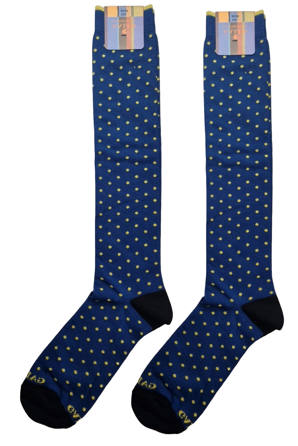 Calze lunghe da uomo Gallo fantasia pois in blu, nero e giallo, realizzate in tessuto di alta qualità, ideali per look eleganti e casual