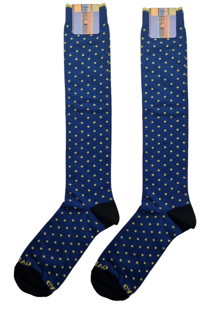 Calze lunghe da uomo Gallo fantasia pois in blu, nero e giallo, realizzate in tessuto di alta qualità, ideali per look eleganti e casual