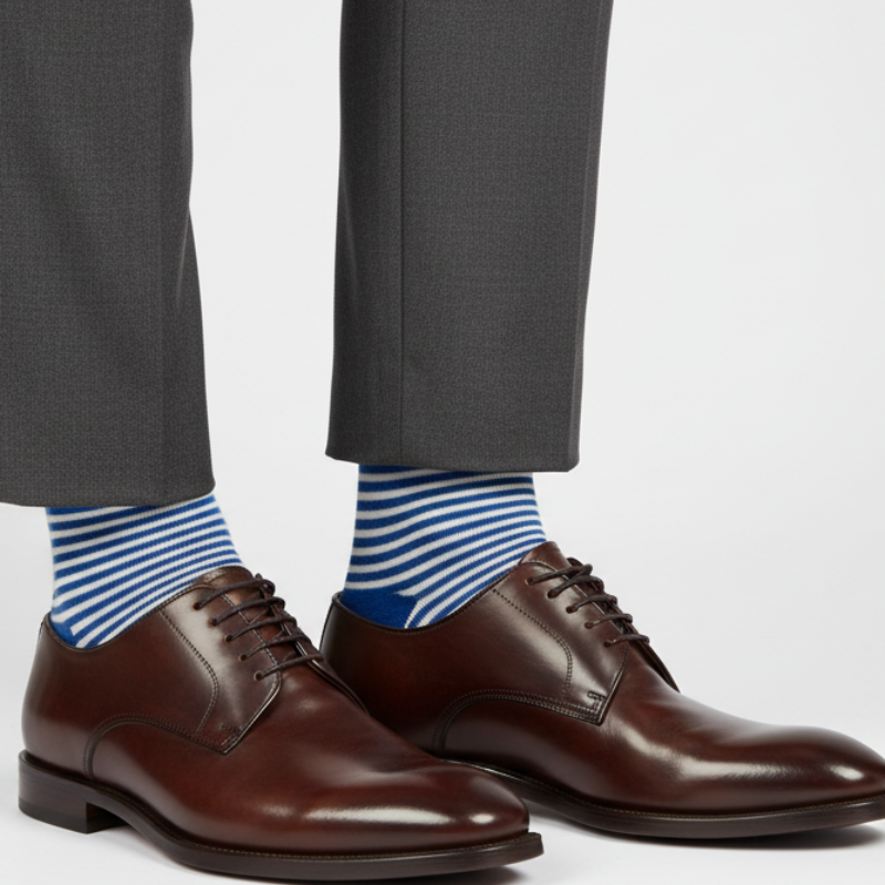 Calze lunghe da uomo Gallo con righe bicolore azzurro e bianco, modello moda, visibili sui piedi e caviglie.