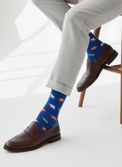Calze lunghe da uomo Gallo con fantasia elefanti blu, morbide e comode, ideali per un look casual e di stile.
