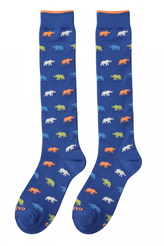 Calze lunghe uomo Gallo con fantasia elefanti blu, in cotone, stile moda uomo, calze colorate e comode.