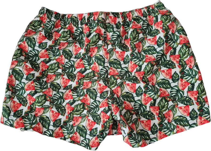 Boxer mare uomo Gallo con fantasia anguria bianco, verde e rosso, morbido tessuto, ideale per mare e piscina, Made in Italy