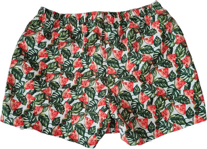 Boxer mare uomo Gallo con fantasia anguria bianco, verde e rosso, morbido tessuto, ideale per mare e piscina, Made in Italy