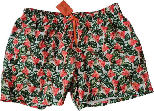 Boxer mare uomo Gallo con fantasia anguria bianco, verde e rosso, in tessuto leggero, Made in Italy.