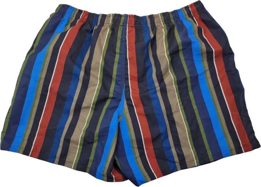 Boxer mare uomo Gallo con strisce multicolor in poliestere premium, pantaloncini da spiaggia made in Italy, colore blu, taglia XXL