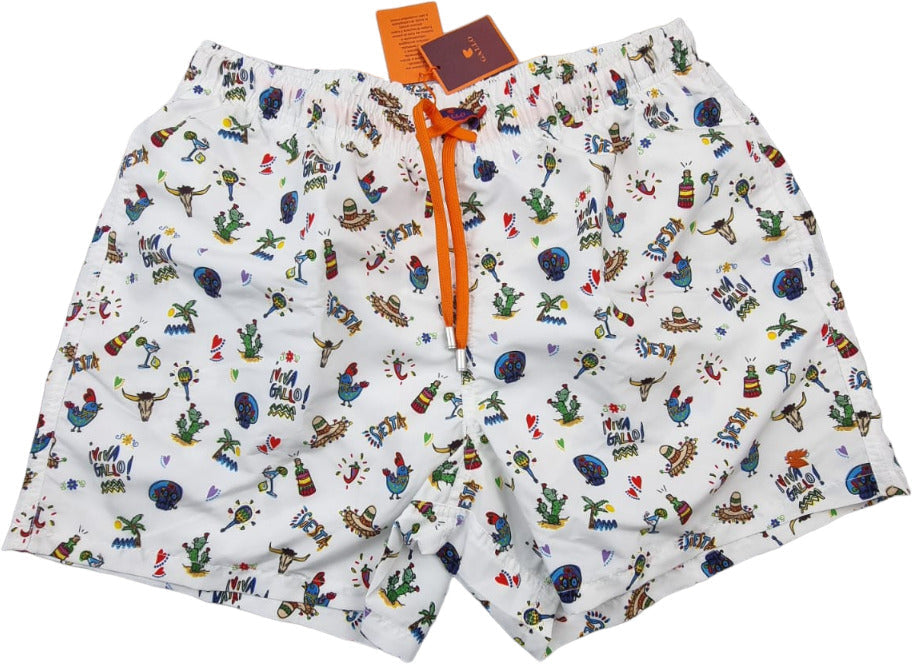 Boxer mare uomo Gallo con fantasia Siesta bianco in poliestere, abbigliamento mare e piscina, Made in Italy, stile estivo e comodo