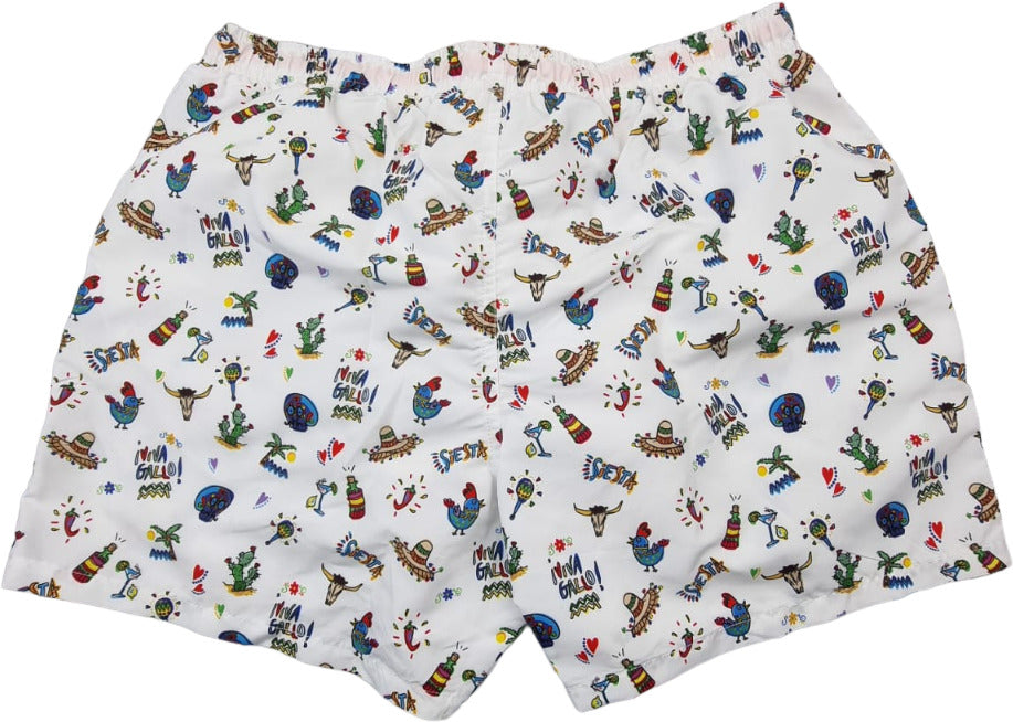 Boxer mare uomo Gallo fantasia Siesta bianco in poliestere, abbigliamento mare e piscina, stile casual e confortevole.