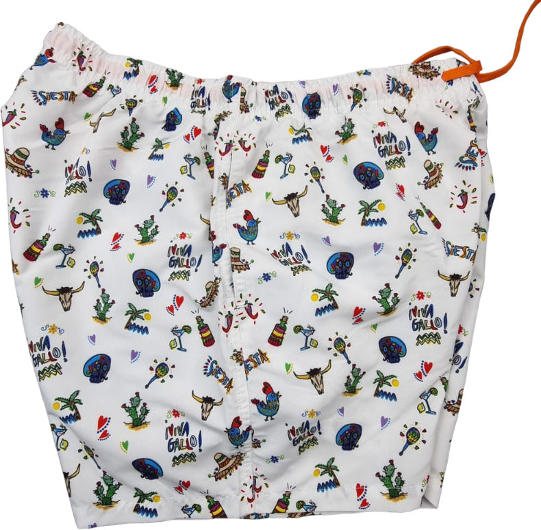 Boxer mare uomo Gallo fantasia Siesta, pantaloncini di poliestere bianco, moda mare e piscina, made in Italy, stile casual.