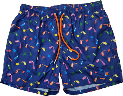 Boxer mare uomo Gallo fantasia spray blu in poliestere riciclato, morbido e confortevole, Made in Italy, abbigliamento mare e piscina.