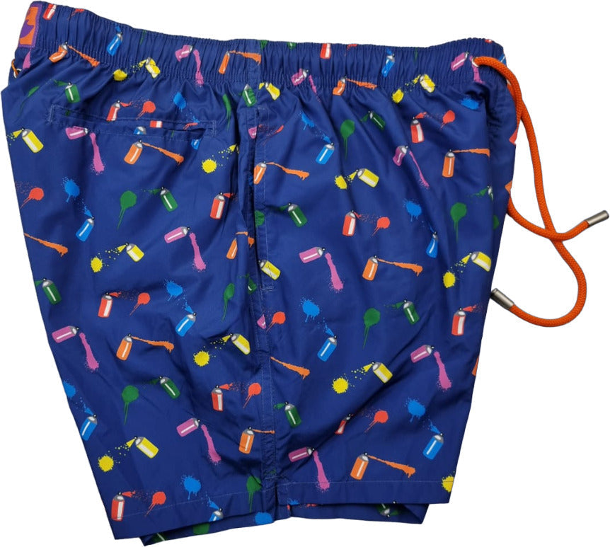 Boxer mare uomo Gallo fantasia spray blu in poliestere riciclato, ideale per mare e piscina, made in Italy.