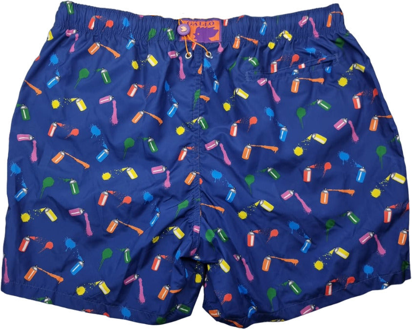 Boxer mare uomo Gallo fantasia spray blu in poliestere riciclato, moda uomo per mare e piscina, made in Italy.