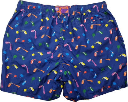 Boxer mare uomo Gallo fantasia spray blu in poliestere riciclato, moda uomo per mare e piscina, made in Italy.