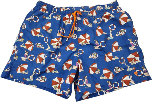 Boxer mare uomo Gallo con fantasia ombrelloni blu multicolor, morbido tessuto, design estivo e casual, ideale per mare e piscina.