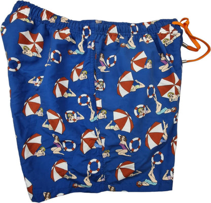 Boxer mare uomo Gallo con fantasia ombrelloni blu e multicolor, pantaloncini casual per mare e piscina.