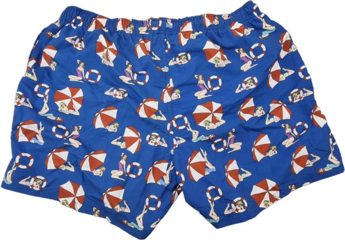 Boxer Mare Uomo Gallo con fantasia ombrelloni blu e multicolor, morbido tessuto, ideale per mare e piscina, moda uomo.