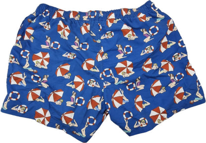 Boxer Mare Uomo Gallo con fantasia ombrelloni blu e multicolor, morbido tessuto, ideale per mare e piscina, moda uomo.