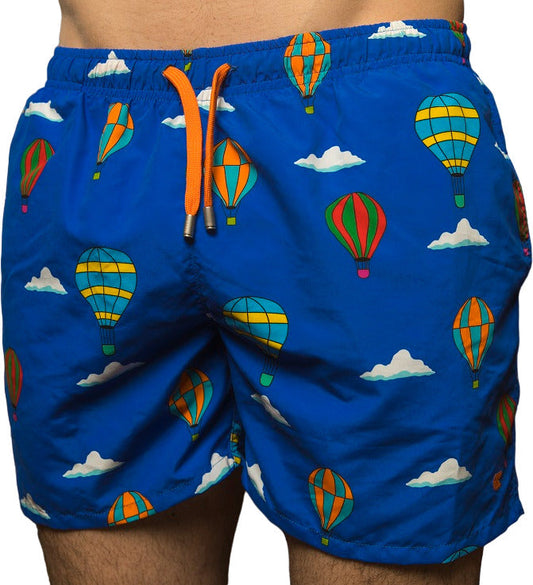 Boxer mare uomo Gallo blu con fantasia mongolfiere, in poliestere, stile moda uomo mare e piscina, made in Italy.