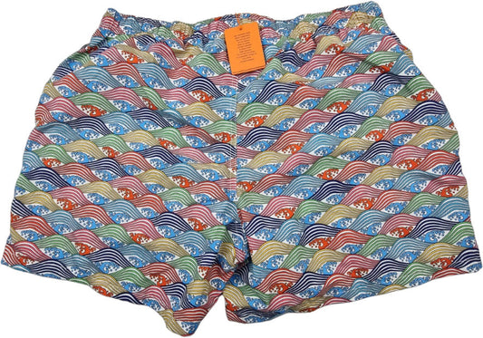 Boxer mare uomo Gallo con fantasia onde blu multicolor, tessuto di alta qualità, made in Italy.