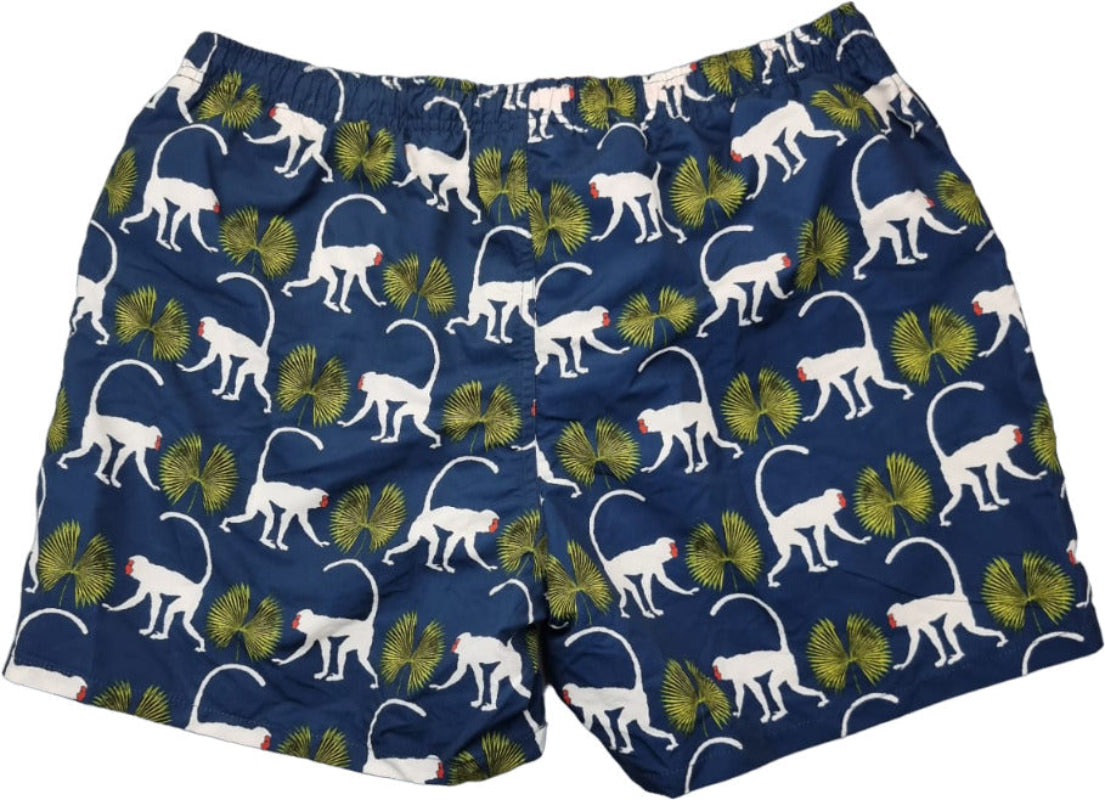 Boxer mare uomo Gallo fantasia primati blu in poliestere, pantaloncini da mare moda uomo, Made in Italy, dettagli visibili.