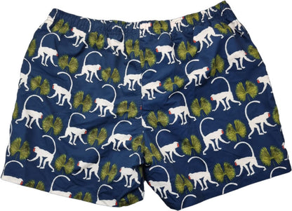 Boxer mare uomo Gallo fantasia primati blu in poliestere, pantaloncini da mare moda uomo, Made in Italy, dettagli visibili.