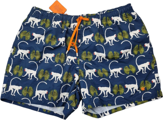 Boxer mare uomo Gallo in fantasia Primati blu, morbido poliestere, stile italiano, adatto a mare e piscina.