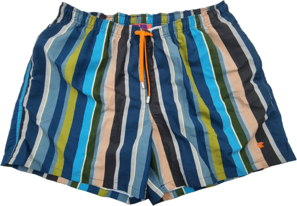 Boxer mare uomo Gallo con strisce multicolore blu, nero e verde, pantaloncini da mare in morbido tessuto.
