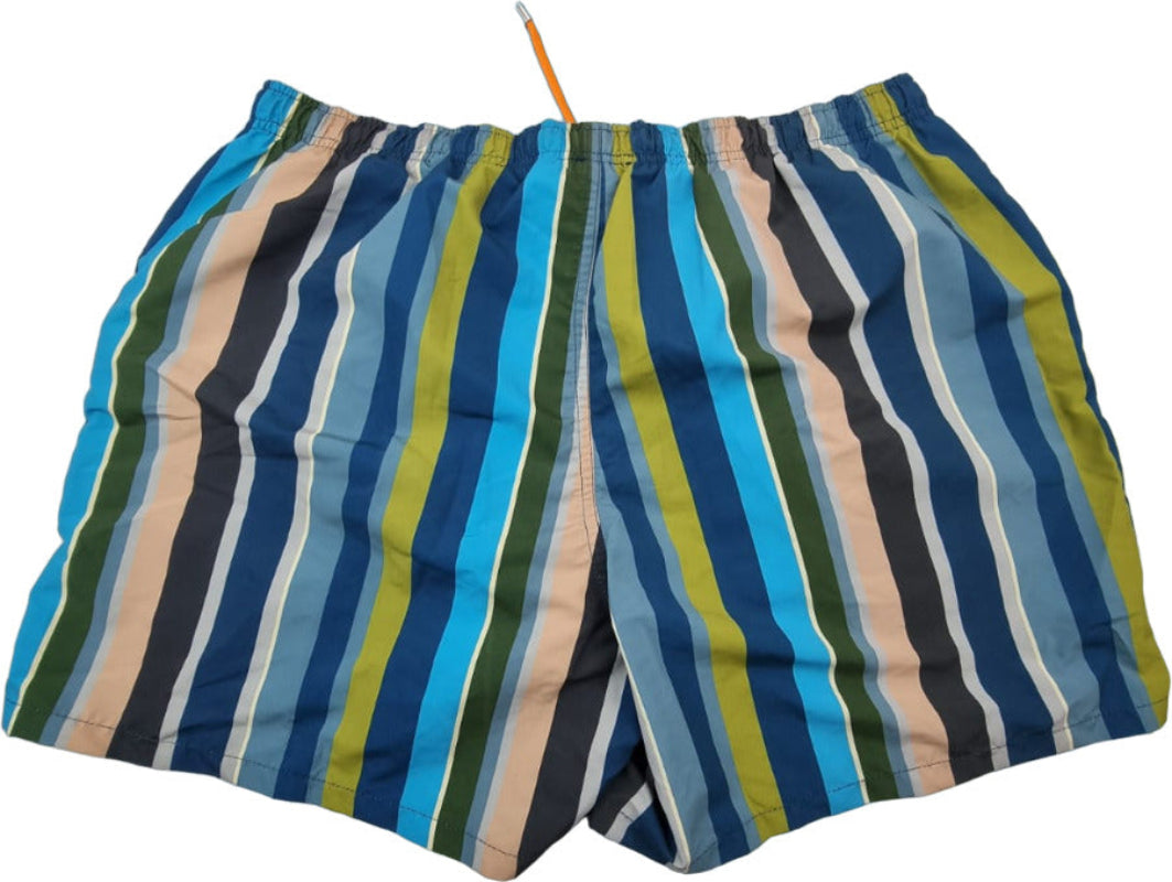 Boxer mare uomo Gallo con strisce multicolor blu, nero e verde, in tessuto leggero per moda mare e piscina.