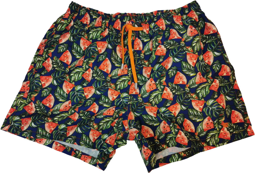 Boxer mare uomo Gallo con fantasia anguria blu, verde e rosso, materiale italiano, adatti per sport acquatici e tempo libero.