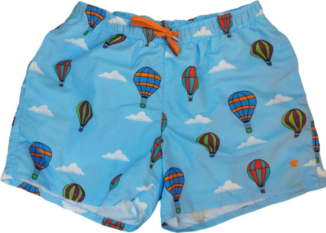 Boxer mare uomo Gallo azzurro con fantasia mongolfiere, tessuto leggero, ideale per nuoto e attività acquatiche.