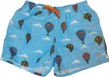 Boxer mare uomo Gallo azzurro con fantasia mongolfiere, tessuto leggero, ideale per nuoto e attività acquatiche.