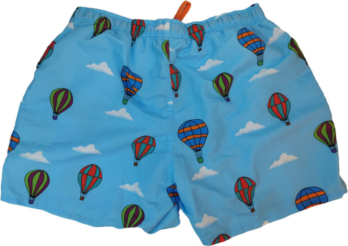 Boxer mare uomo Gallo con fantasia mongolfiere azzurro, pantaloncini da bagno sportivi per attività acquatiche e nuoto.