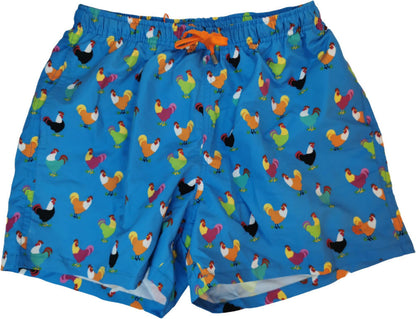 Boxer mare uomo Gallo con fantasia galli azzurra, pantaloncini da bagno sportivi per attività acquatiche e tempo libero.