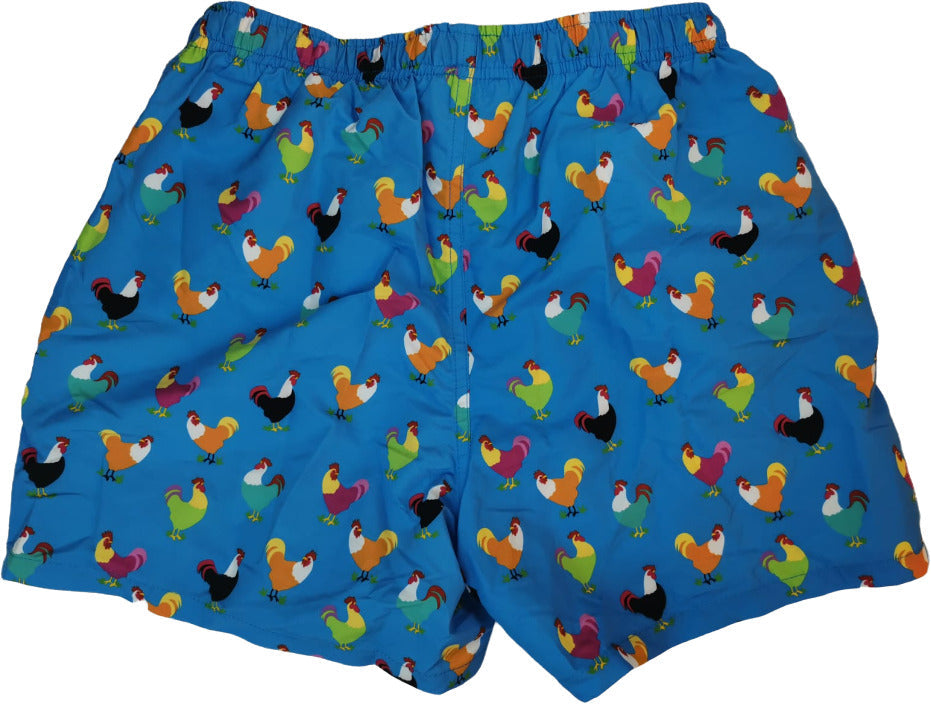 Boxer mare uomo Gallo con fantasia di galli azzurri, pantaloncini da bagno sportivi e comodi per attività acquatiche.