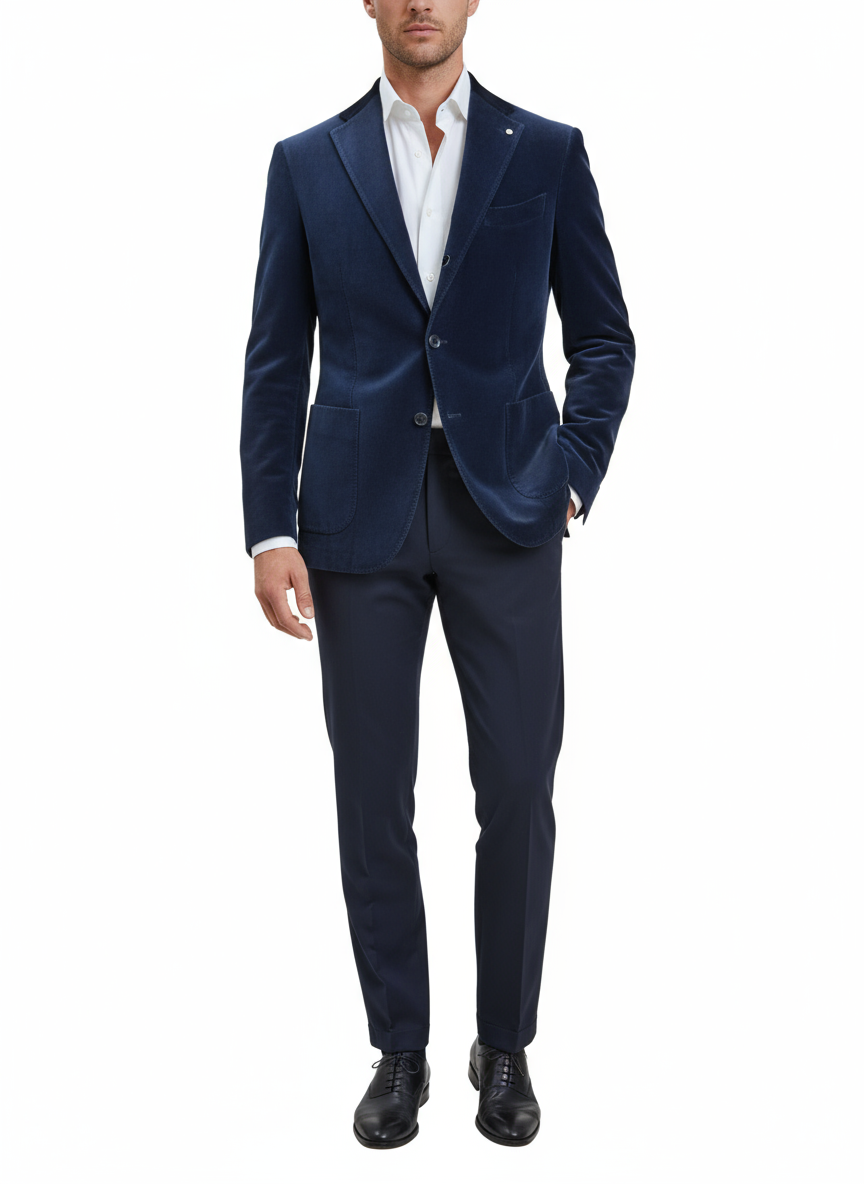 Giacca in velluto blu indossata da modello