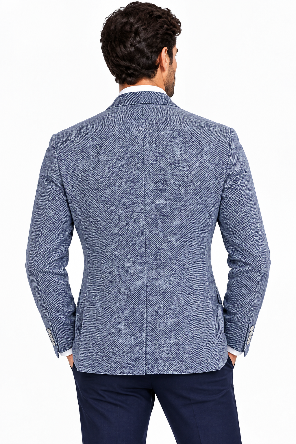 Giacca Laboratori Italiani due bottoni fantasia pied de poule blu bianco indossata da modello retro