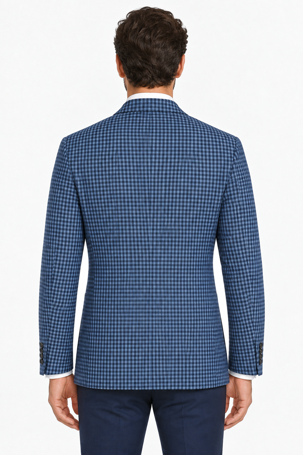 Giacca uomo The GIGI tre bottoni micro quadri blu indossato da modello retro