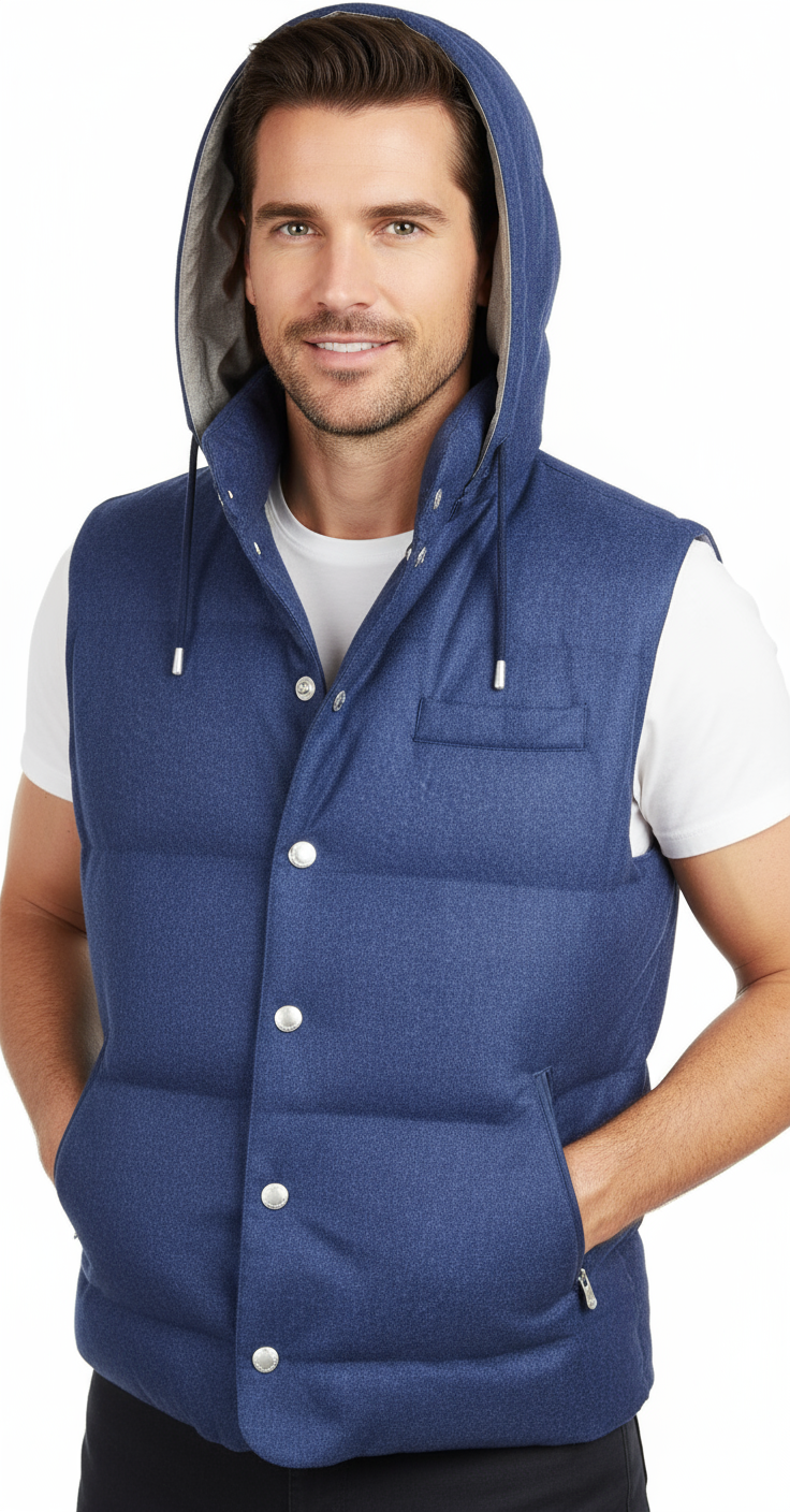 Gilet blu indossato da modello su sfondo bianco